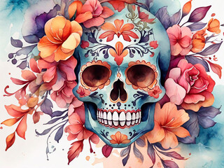 Beautiful watercolor background of Mexican skull with floral details