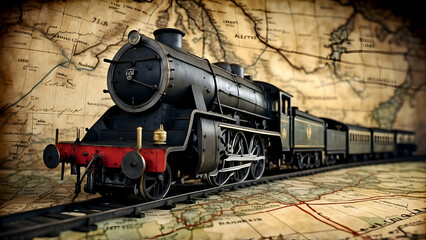 Obraz premium A rich composition of a classic model steam train on a background of an antique world map, evoking an age of exploration