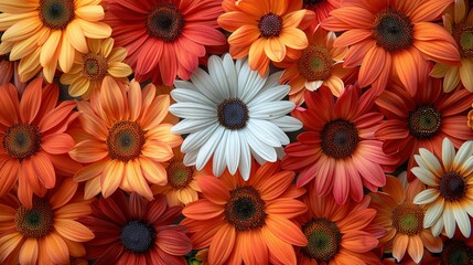   A close-up of a group of orange and white flowers, centered in the photo In the center of that image, a solitary white flower stands tall