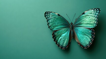   A giant emerald butterfly rests atop a green wall alongside a monochrome butterfly also perched on the same wall