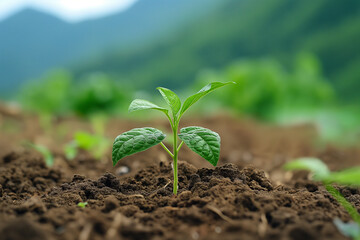 floral growing, young green plant grows in rich soil, farmland, green sproud of pepper plant, closeup shot, blurred background with forest and mountains, photorealistic // ai-generated 
