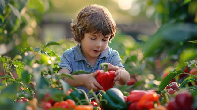 the child collects pepper. Selective focus