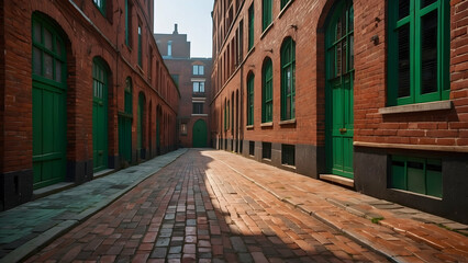 Fototapeta premium A narrow alley paved with bricks between historical red brick buildings in an urban setting
