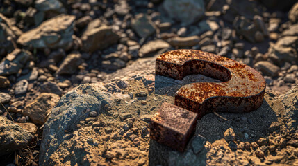 Rusty question mark sculpture on a rocky terrain under the harsh daylight.
