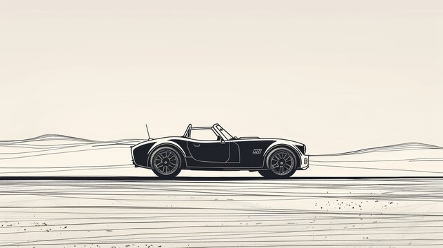 Classic black roadster in a desert landscape, with fine line detailing and a sleek design, emphasizing freedom and speed