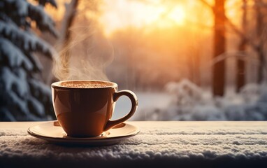 Obraz premium Hot cup of coffee or tea on wooden table with snow and winter forest on background.