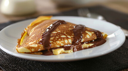 Delicious venezuelan crepe topped with rich chocolate sauce, elegantly served on a white plate, ready for a gourmet breakfast or dessert