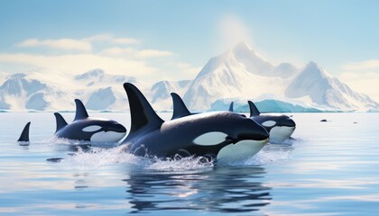 Fototapeta premium Groups of Orcas or killer whales swim and hunt for prey, the top of the food chain in a sea of ​​ice floes