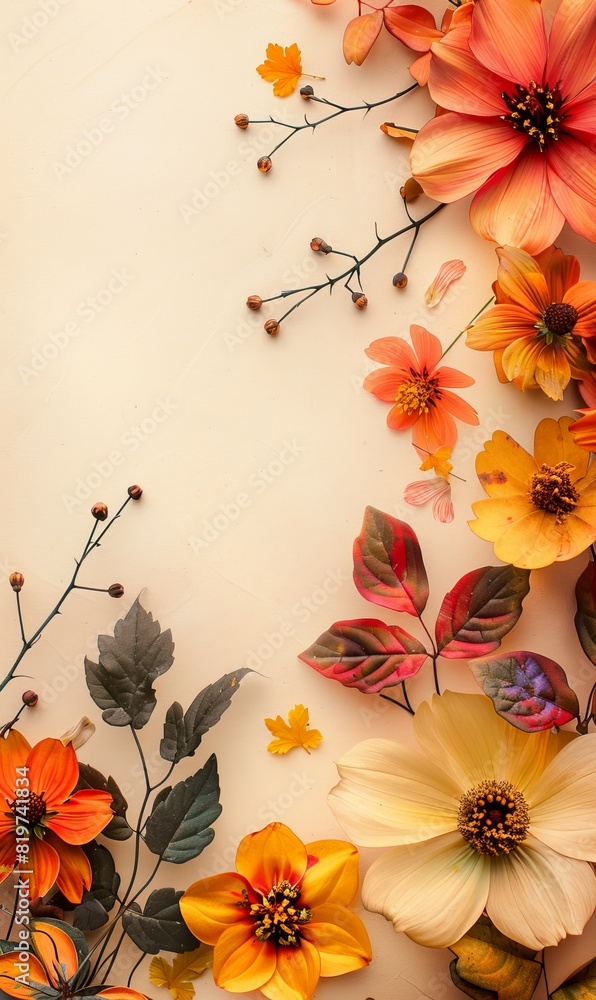 Wall mural abstract background with flowers frame around. autumn concept background.