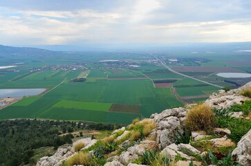 Areal view of lush Jezreel Valley in Israel