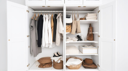 Open doors of large home closet with things on shelves. White cabinet, background. AI generated.