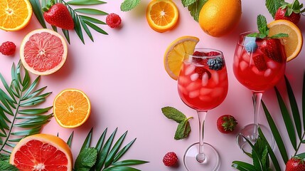   A few glasses of fruit on a pink surface, featuring oranges and raspberries