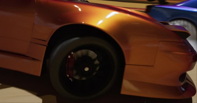 Two sports cars with tire smoke drift along the roulette wheel in a casino. 3D animation of the concept of entertainment and success. Camera movement like a fpv drone