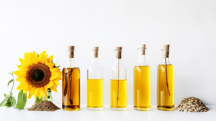 Various sunflower oil in bottles and containers in a row, fresh sunflower flowers, white background. AI generated.