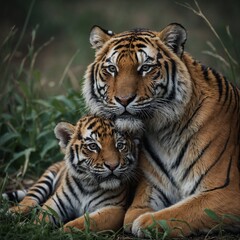 A tiger cub cuddled up to its mother's side for warmth and protection.

