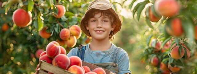 the child is picking peaches. Selective focus