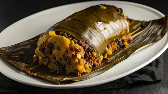 Traditional venezuelan hallaca dish unwrapped on a white plate, showcases savory fillings against a dark wooden background, symbolizing culture and cuisine