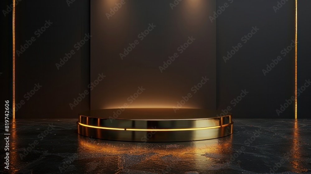 Canvas Prints A gold podium stage with a golden 3D platform light stand product on a gold background. Background podium abstract gold award scene pedestal luxury studio black display.