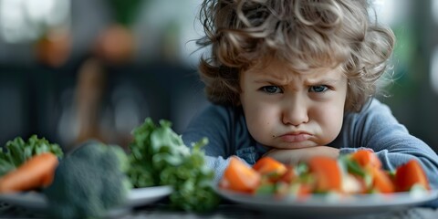 Child grimacing at dinner vegetables showing picky eating behavior and displeasure. Concept Parenting, Picky Eaters, Child Behavior, Mealtime Struggles
