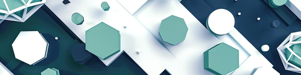 Abstract geometric background with teal hexagons and 3D shapes, perfect for modern design projects and digital artworks.