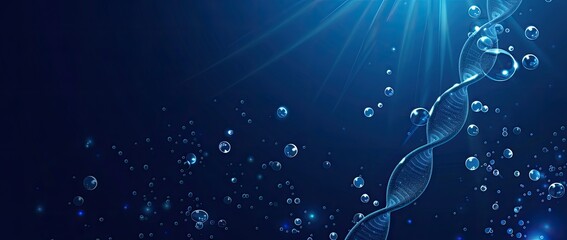 Abstract image of a DNA strand in dark blue background with light rays. Perfect for genetics, science, and biology subjects.
