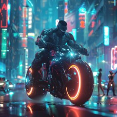 Armored Bodybuilder Rides Futuristic Bike Through Illuminated SciFi Cityscape