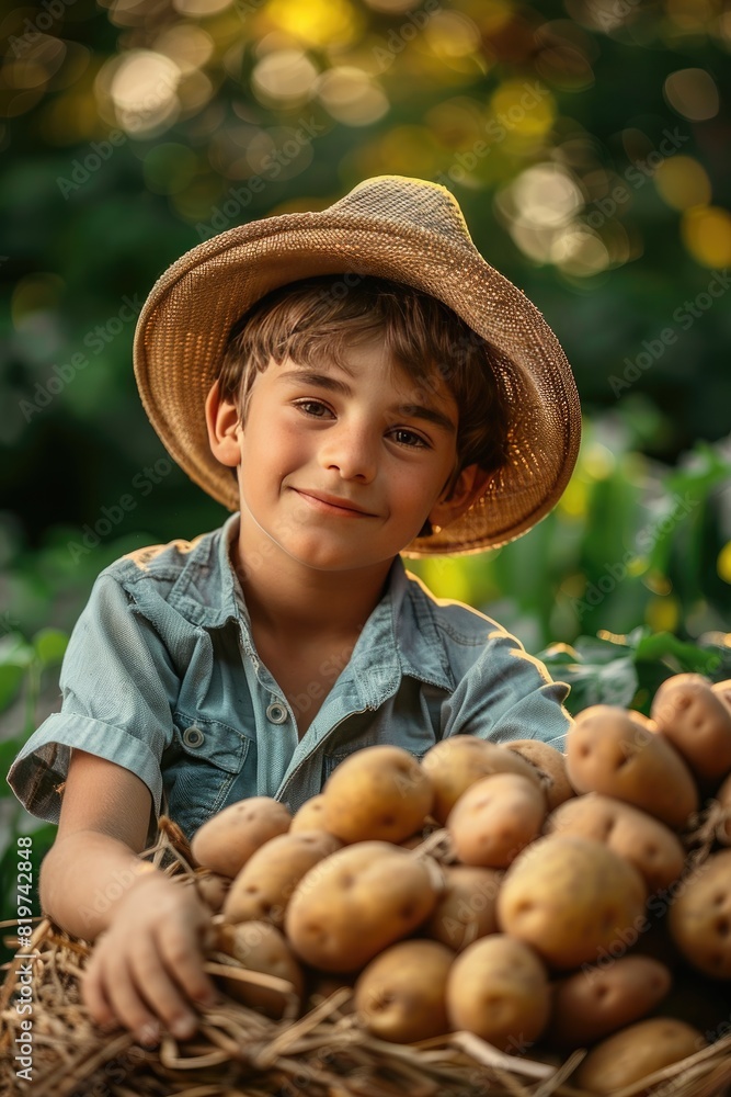 Wall mural the child collects potatoes. Selective focus