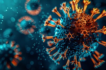 Close-up of COVID-19 virus particles, vividly illuminated in a surreal blue and orange glow, highlighting their distinctive spike proteins.