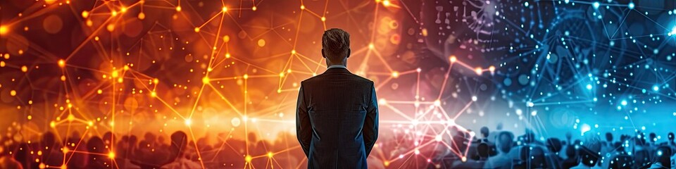 Fototapeta premium Businessman standing between digital worlds of red and blue network connections, representing technology and decision making.