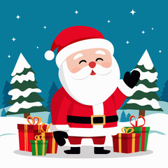 New Year card with cute Santa Claus, presents and winter landscape. A festive character in the winter season. Christmas design element. Vector illustration