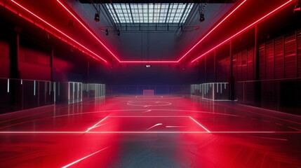 A modern multi-purpose sports hall with a football pitch and an illuminated LED floor. The hall is dark and only the red LEDs light up.