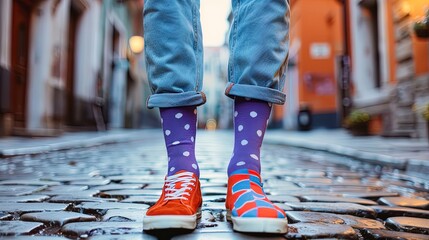Person wearing mismatched purple polka dot socks and colorful sneakers standing on cobblestone street. Close-up urban fashion photography. Street style concept.