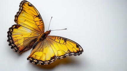   A yellow butterfly, in focus, is seen from close up, with its one wing visible and facing the camera while the other remains out of frame The background is white