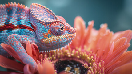 Chameleon on the flower. Beautiful extreme close-up.