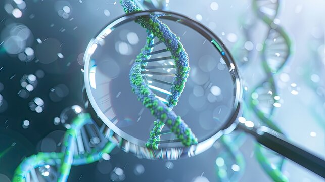 Magnified DNA strand viewed through a magnifying glass, highlighting genetic research, biotechnology, and molecular biology concepts.