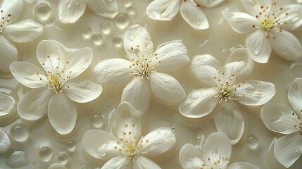   A cluster of white blossoms floating above a water surface with droplets on their petals