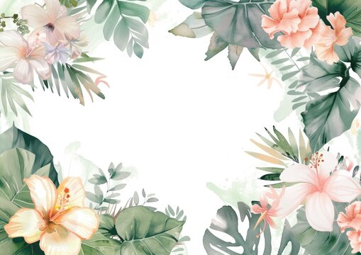 Watercolor floral frame with tropical leaves and flowers. Ideal for invitations, greeting cards, and wedding designs.
