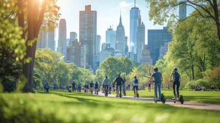A sunny day in the park with people enjoying leisure activities, framed by a backdrop of skyscrapers, depicting urban green space usage