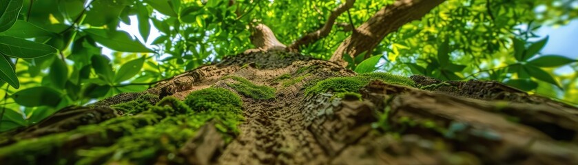 Obraz premium A mosscovered log from a fallen tree, up close, with the intricate leaf patterns of a green tree and an old oak in the background