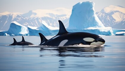 Fototapeta premium Groups of Orcas or killer whales swim and hunt for prey, the top of the food chain in a sea of ​​ice floes