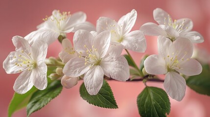   Flower close-up on branch, surrounded by leaves and blossoms against pink-white backdrop