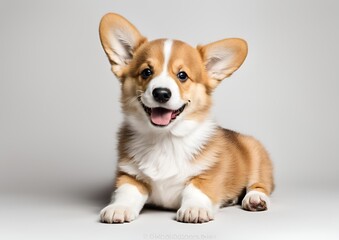 A cheerful 14-week-old Welsh Corgi puppy sits isolated on white. The dog winks and pants happily.