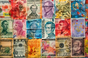 A close up of a variety of banknotes on a table