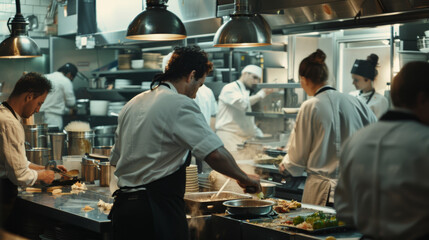 Busy chefs and cooks working in a bustling professional restaurant kitchen.