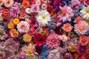  colorful and diverse flowers pattern , pink background, Floral wallpaper design botanical print fabric, Springtime or summer celebration, Feminine aesthetic