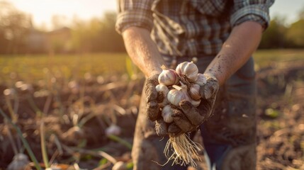 a farmer collects garlic. Selective focus
