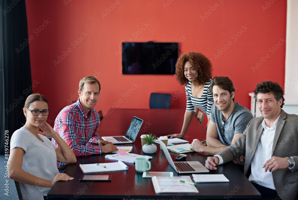 Canvas Prints Business, people and portrait with laptop in meeting for feedback, conference and teamwork with support of planning project. Smile, group and discussion, document and ideas for research as developer