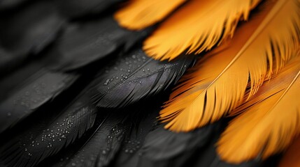   Close-up photo of a yellow and black bird's feathers with water droplets on wings