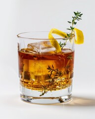 Classic Whiskey Cocktail with Lemon Twist Isolated on a White Background. Generative AI.