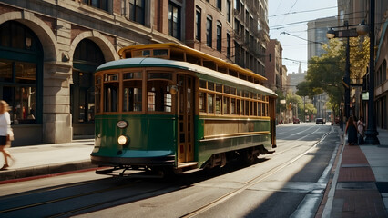 Fototapeta premium An old-fashioned streetcar travels down a city street lined with vintage architecture and pedestrians